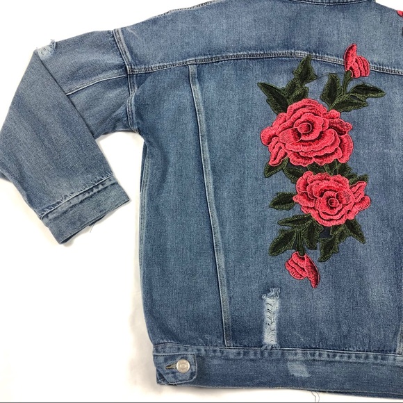 Women’s Distressed Floral Appliqués Denim Jacket L - Picture 10 of 16